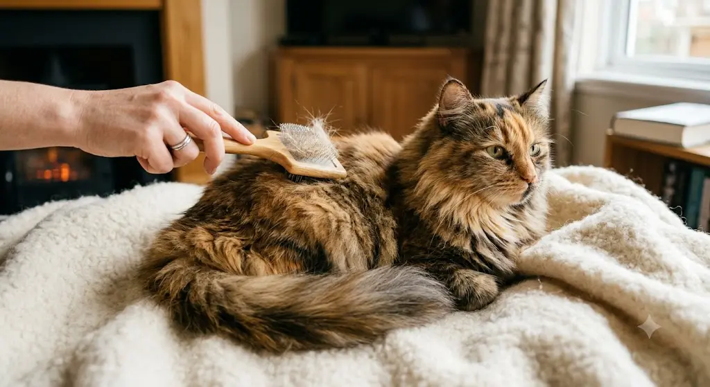 Long-haired cat being brushed with a slicker brush on a soft blanket