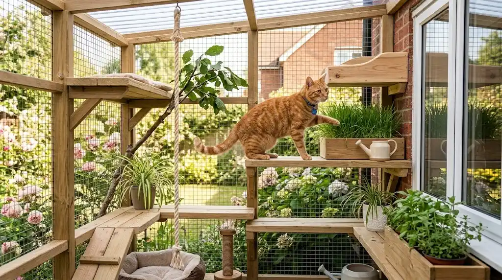 Happy indoor tabby cat exploring a wooden DIY catio with climbing shelves, cat grass and safe outdoor enrichment ideas