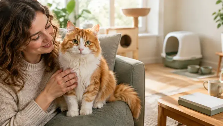 Happy indoor cat relaxing on a sunny window perch in a cozy American living room