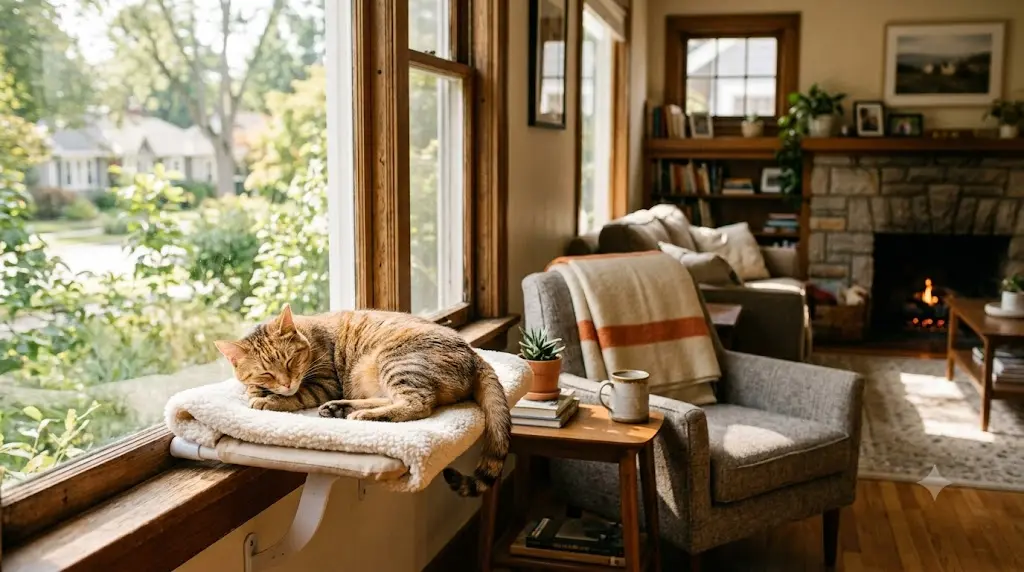Happy indoor cat relaxing on a sunny window perch in a cozy American living room